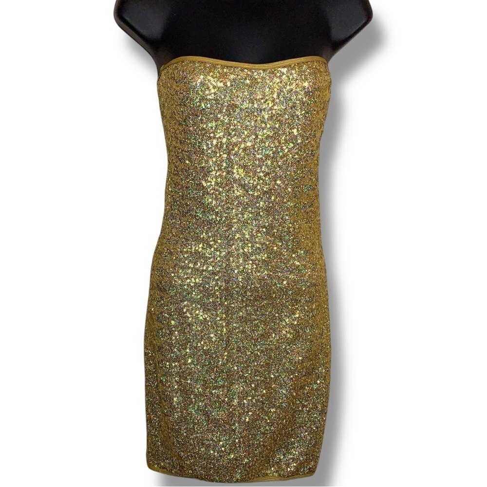 Y2K Juniors Medium Gold Sequin Bodycon Dress Strapless Holiday New Tears Fitted